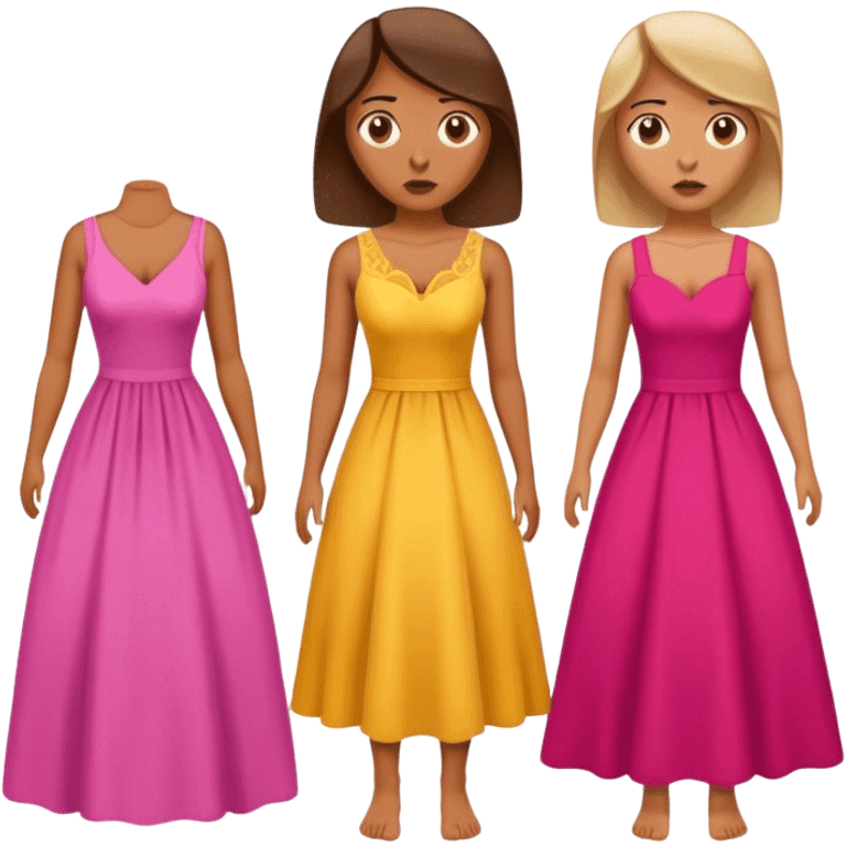 Woman standing with two dresses, looking confused, like she doesn't know what to wear emoji