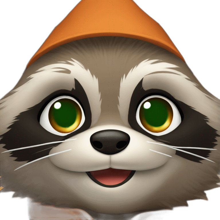 brown raccoon with orange eyes and a dark green hood that is smiling emoji