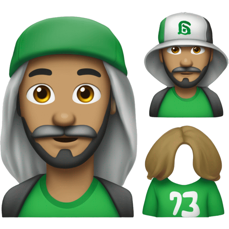 Créer un jeune homme métisse avec une barbe et une moustache et des favoris  avec une casquette verte entièrement verte supreme  et un t shirt blanc emoji