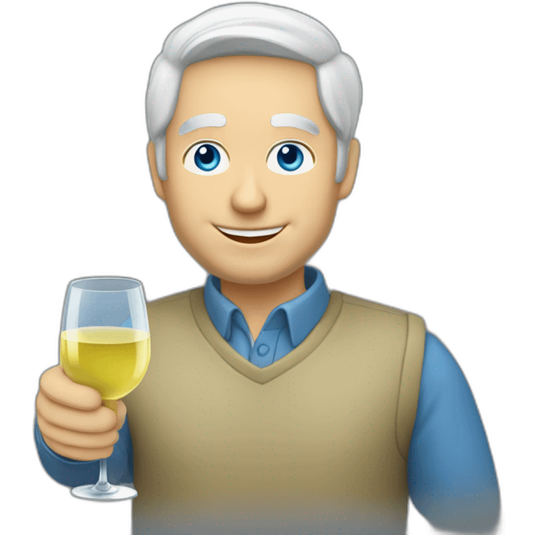 a caucasian man with blue eyes and grey hair, toasting with a glass of white wine emoji