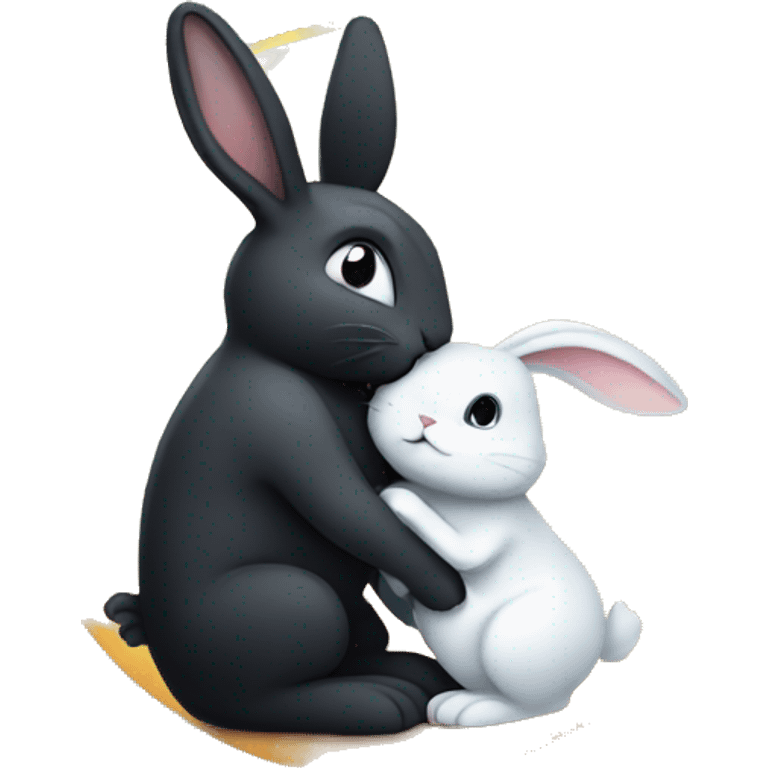 Black rabbit hugging white rabbit with moon behind them emoji