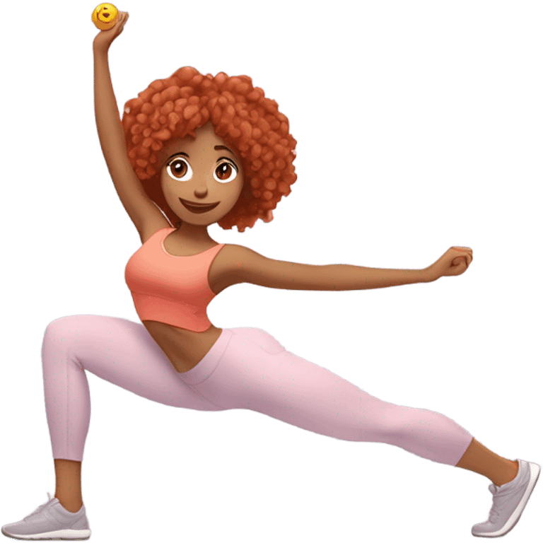 Red-haired girl with wavy hair in pastel workout clothes doing different Pilates poses (e.g., Teaser, Plank). Calm expression, minimal background, and emoji-style design. emoji