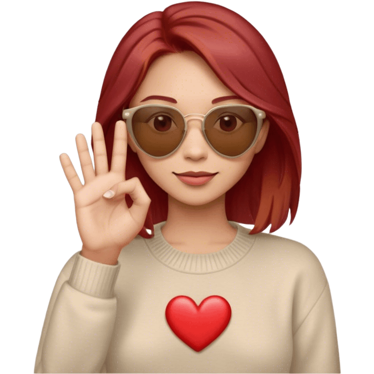 This Memoji features a person with shoulder-length brown hair with some red hair highlights , wearing red-tinted sunglasses with a beige frame. They are dressed in a beige sweater over a light gray collared shirt. The character is making a small heart gesture with their fingers, commonly used to express love or appreciation. The expression appears friendly and confident emoji