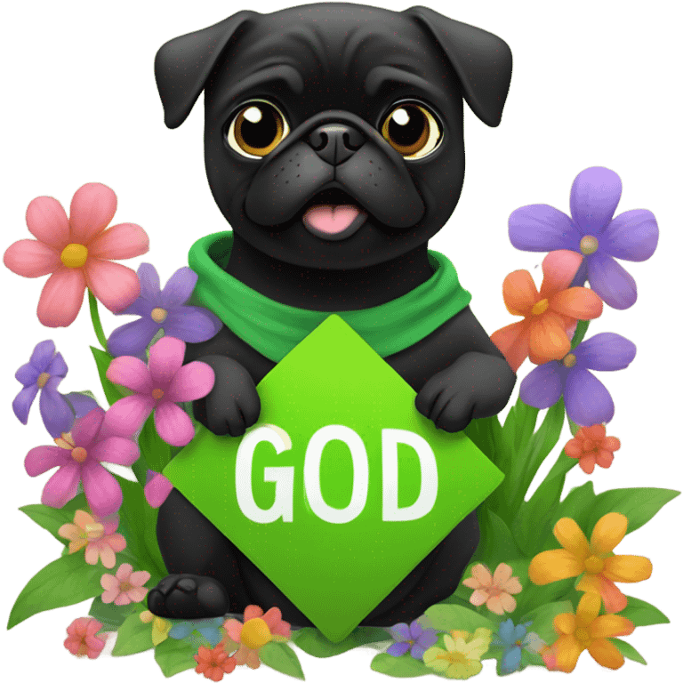 Black pug , surrounded by flowers, holding a green sign that says “good luck”  emoji