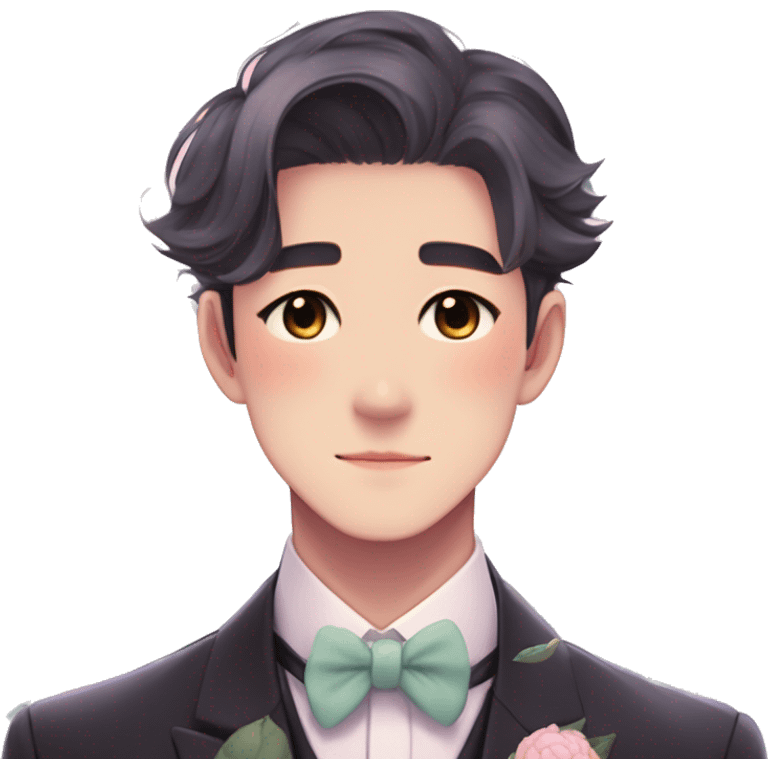 Gorgeous romantic anime style Asian formal modern gentlemanly guy with flowers and blushing face aesthetic trending style outside with colorful gradient colors  pastelcore cottagecore kawaiicore emoji