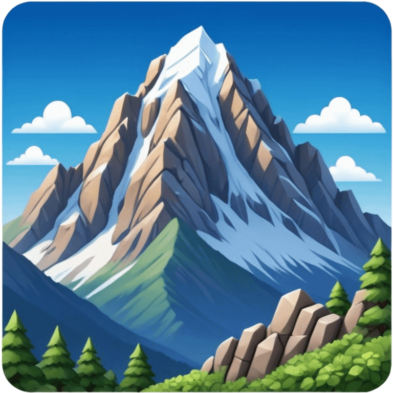 Cinematic Realistic Mountain Emoji, Majestic and towering, with craggy, snow-capped peaks rising sharply against a deep blue sky. The rugged terrain is dotted with rocky outcrops and patches of greenery, with clouds swirling around the higher reaches. Soft glowing outline, capturing the essence of ancient strength and natural beauty in a towering mountain! emoji