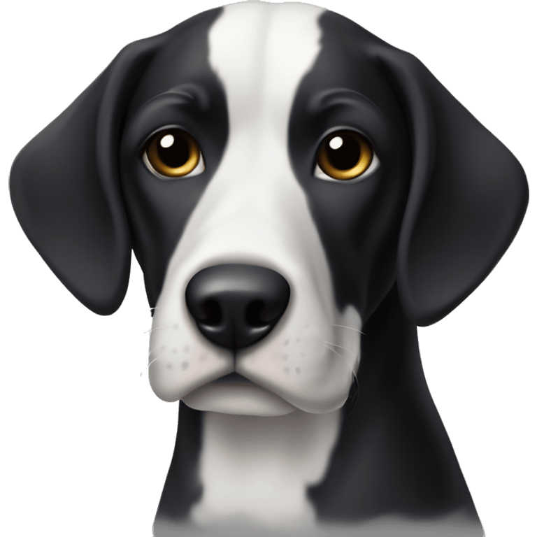 a Geman pointer dog with a dark black coat and white markings (white belly, feet, and tail tip), no black spots on white markings. Head is completely black with small white stain on the snout above the black nose. emoji