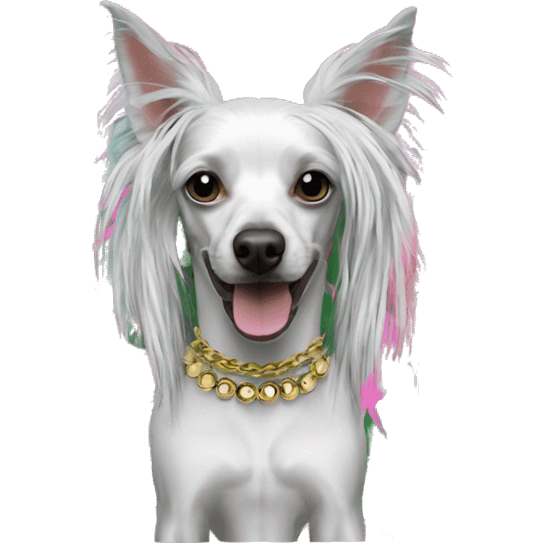 Punk tropical palm leaves flowers Chinese crested dog neon rainbow cyan green pink hair gold chain punk piercings tattoos punk ear piercings emoji