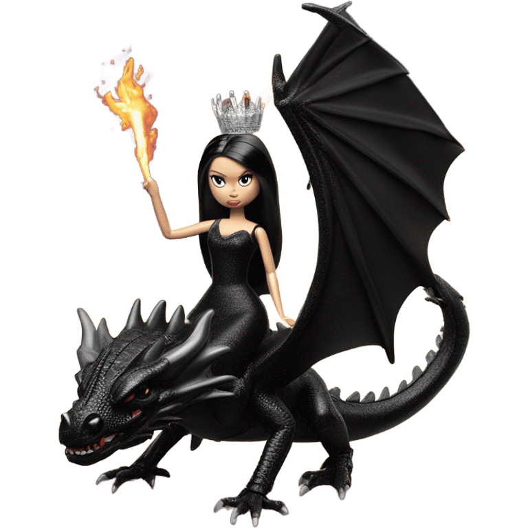 evening dressed, Wednesday Addams Barbie Jedi wearing a tiara, riding on the back of a very large black shiny evil-looking fire-spewing horned dragon emoji