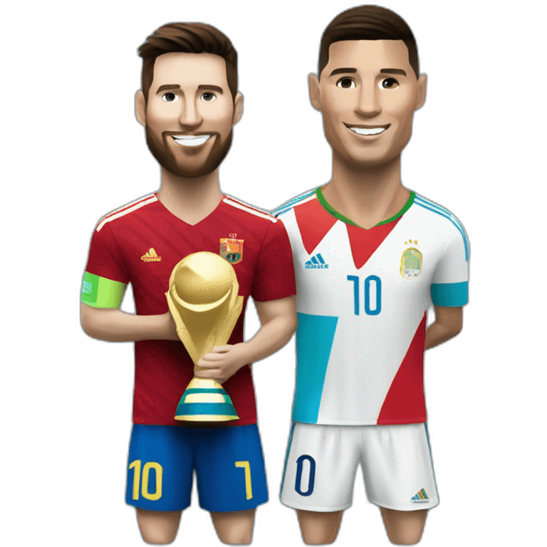 Messi and Ronaldo with World Cup trophy emoji