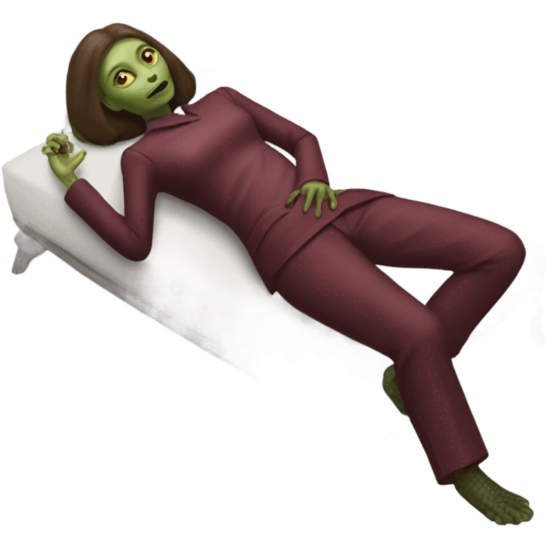 a Reptilian alien woman, laying down, full body, inBurgundy buckle dress pants emoji