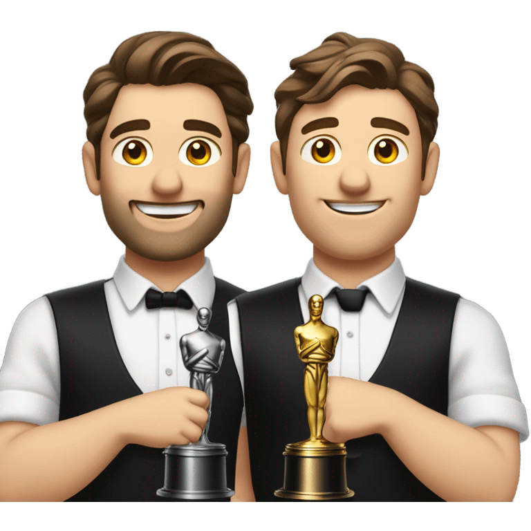 Two bar tenders Dressed in white shirts, black weats, black aprons and black ties receive an oscar. They are males with brown hair. emoji