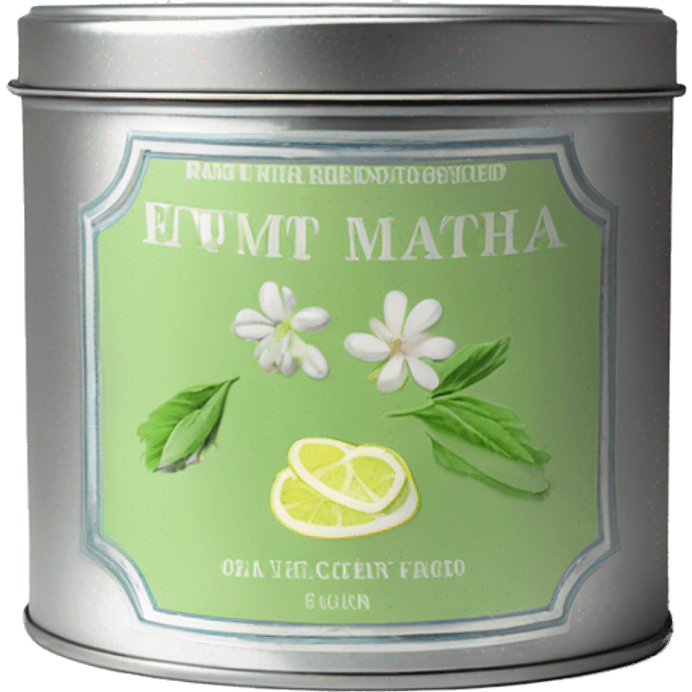 pretty matcha scented candle in silver tin with vintage label realistic emoji