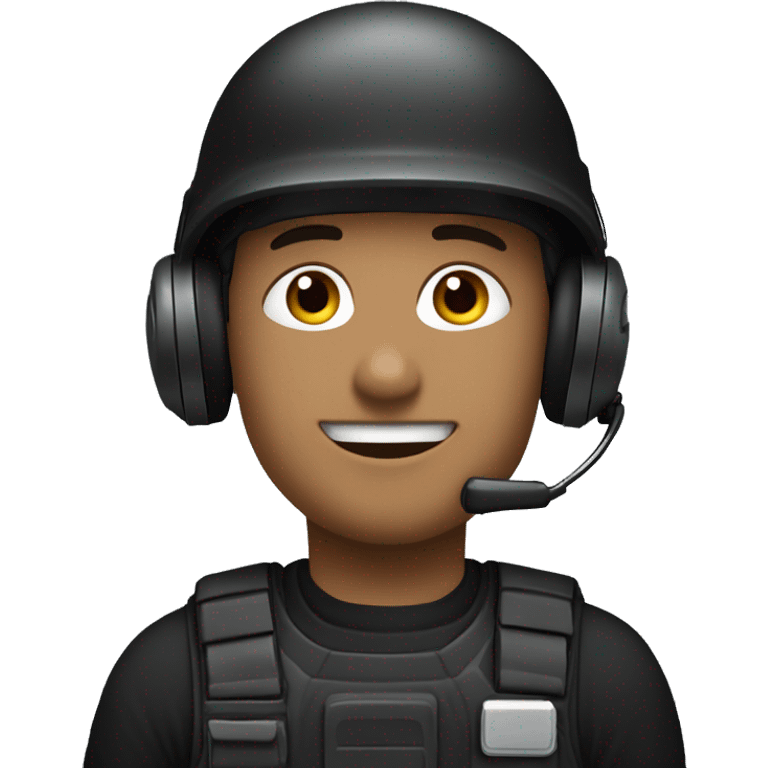 operator dressed in black with a milatary helmet, without glasses, wearing a headset, ready to respond to alerts, preferably male emoji