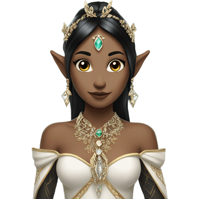 elf princess with pointy ears, white skin, BLACK hair with jewellery,  emoji