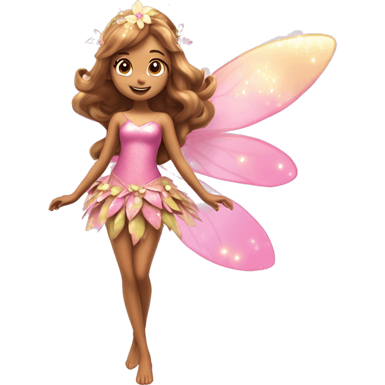 Flora the adult latina fairy of nature in her enchantix fairy pink clothing and fairy enchantix wings and long light brown hair from winx club. Small eyes, Lots of sparkles and fairydust. Full body and full fairy bliss emoji