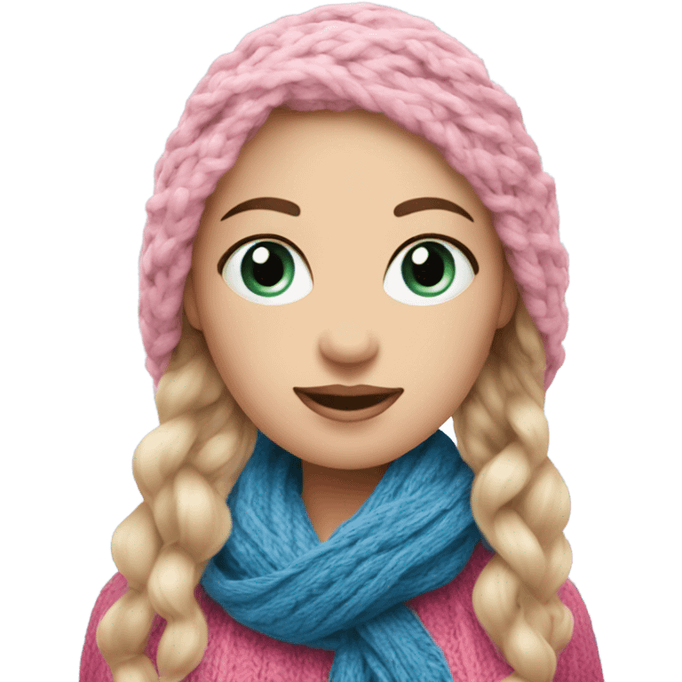 beautiful finnish fair hair woman with blue eye knitting pink scarf emoji