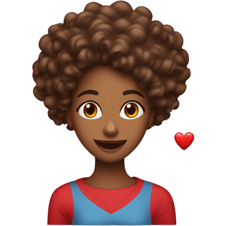 Light brown woman with beautiful long dark brown curly hair with a red happy Valentine’s Day t-shirt emoji