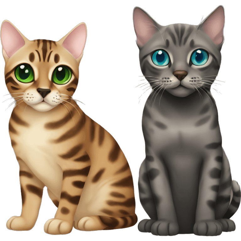 Seal Bengal cat with Blue eyes + charcoal Sepia bengal cat with Green eyes sit Next to each other  emoji