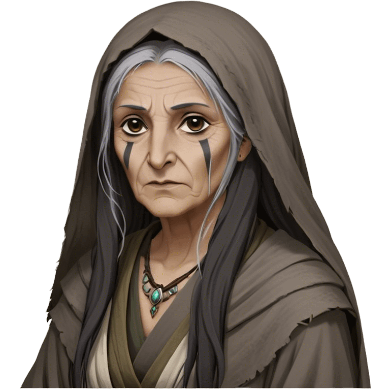 Mirri Maz Duur is a weathered, old Lhazareen woman with deep-set dark eyes, high cheekbones, and a sharp nose, giving her a stern, knowing expression. Her long, unkempt dark hair streaked with gray falls loosely over her shoulders, and her earth-toned, tattered robes mark her as a humble healer. Despite her frail appearance, she exudes an aura of mystery and menace, her hands stained with herbs and blood from both healing and dark sorcery. emoji