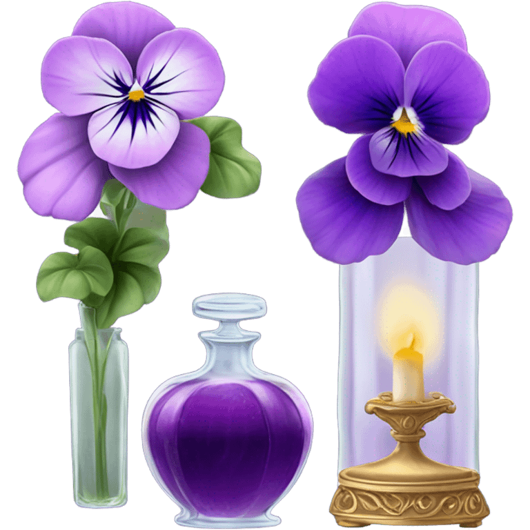 A pink aesthetic still-life: a decorative candle in a glass jar, violet pansies in a crystal vase, and an ornate purple perfume bottle emoji