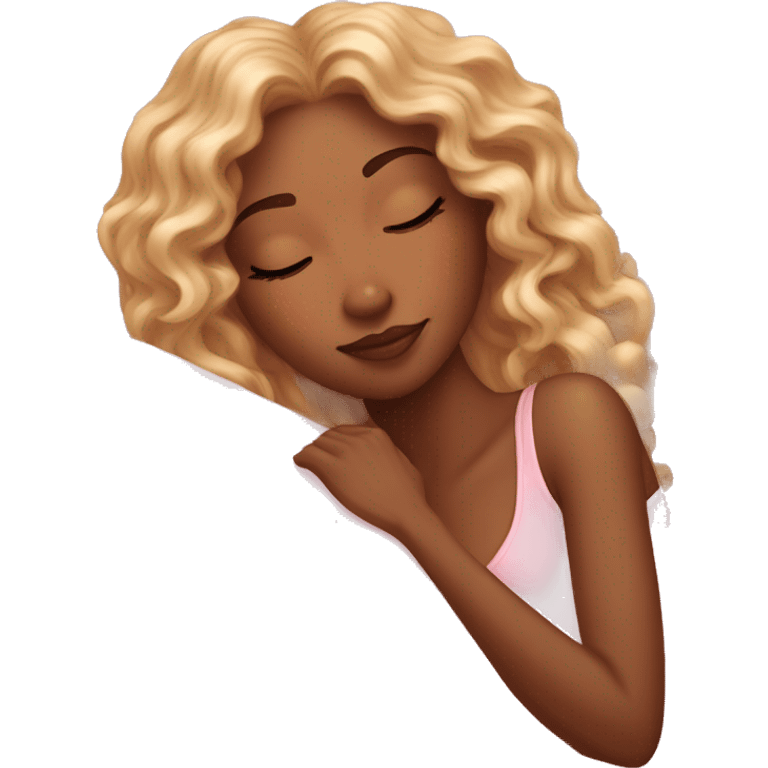 gorgeous brown skin woman with long blonde curly hair sleeping on pink princess bed emoji