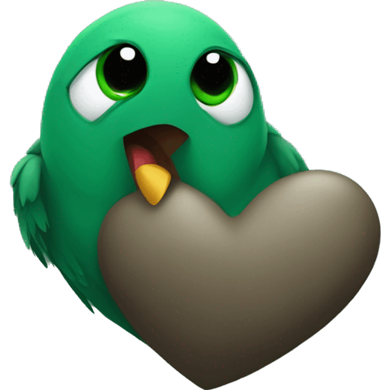 bird holding a dark green heart that says Ty emoji