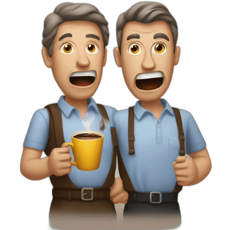 two raging men hold one steaming cup of coffee emoji