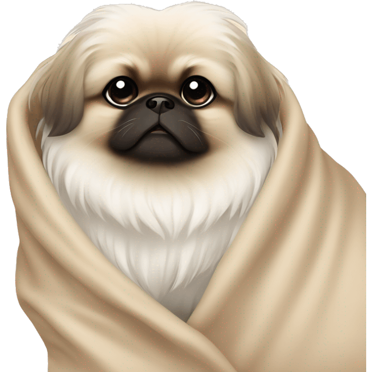 White Pekingese cozy in beige blanket emoji