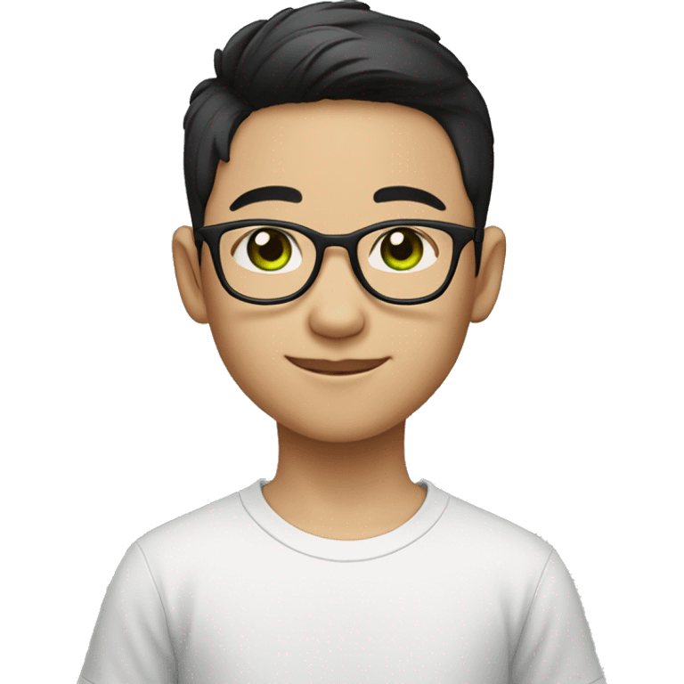 The young Chinese boy WITH GREEN EYES smiled with short hair, black-rimmed glasses and a black T-shirt. emoji