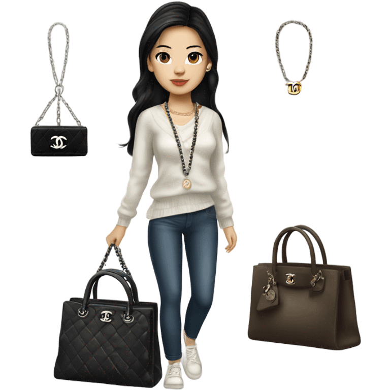 Realistic Dark hair Chanel Asian Girl with Birkin bag and Chanel necklace emoji