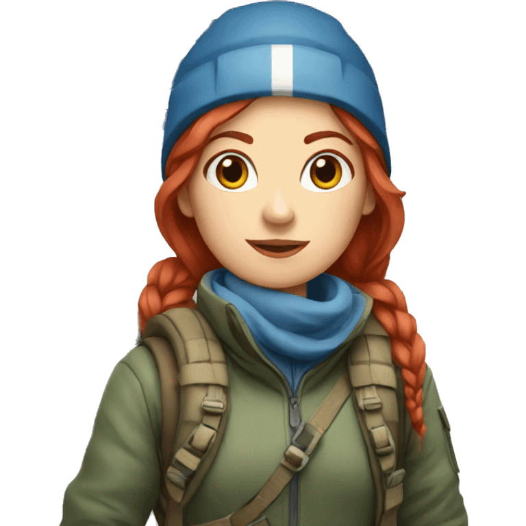 female winter mountaineer red hair holding greek flag emoji