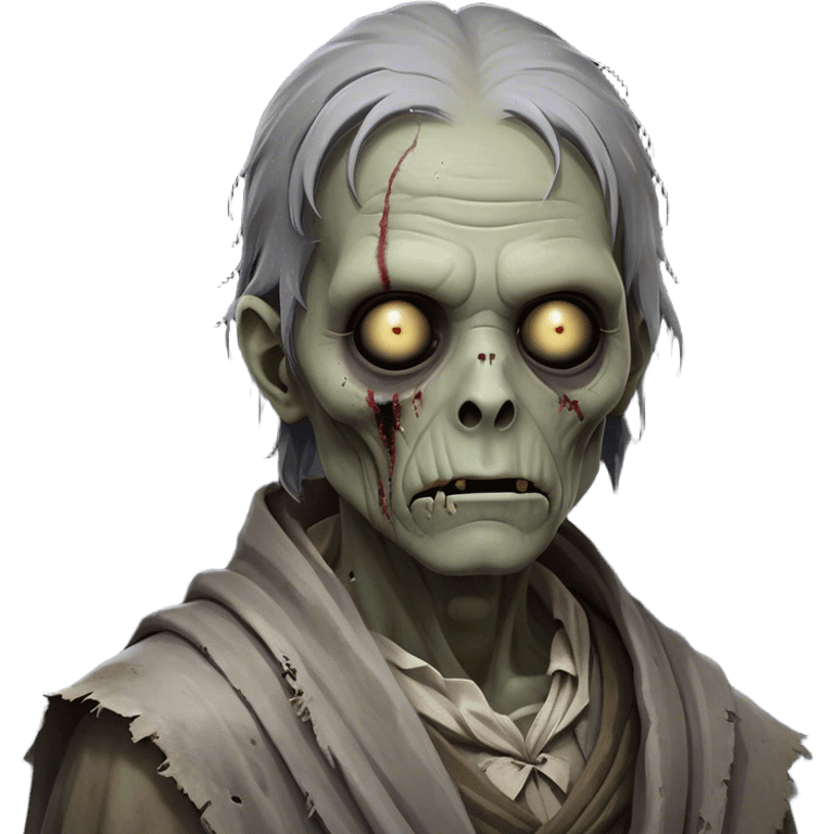 Cinematic Noble Zombie Portrait Emoji, Surprisingly dignified and somber, with a decaying yet strangely regal visage in ashen grays and muted tones, draped in tattered attire hinting at a lost grandeur, simplified yet meticulously detailed, glowing with a soft, eerie radiance and a gentle outline that evokes the tragic nobility of the undead! emoji