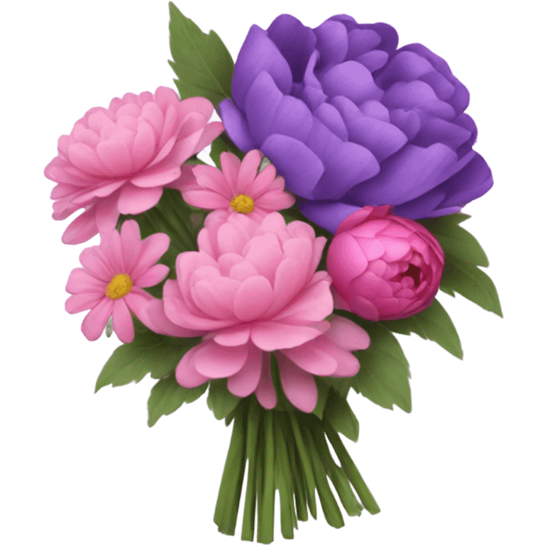 A still-life painting style: a violet book with a bouquet of pink daisies and dark pink peonies, candlelight illuminating the scene. emoji