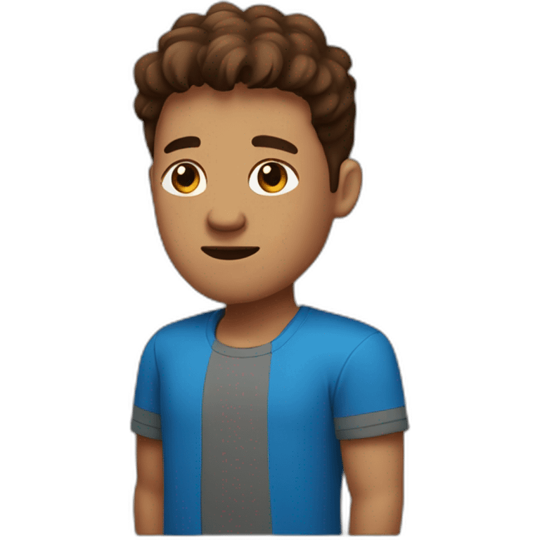 A cubic man, Brown hair, blue t-shirt, Brown skin emoji