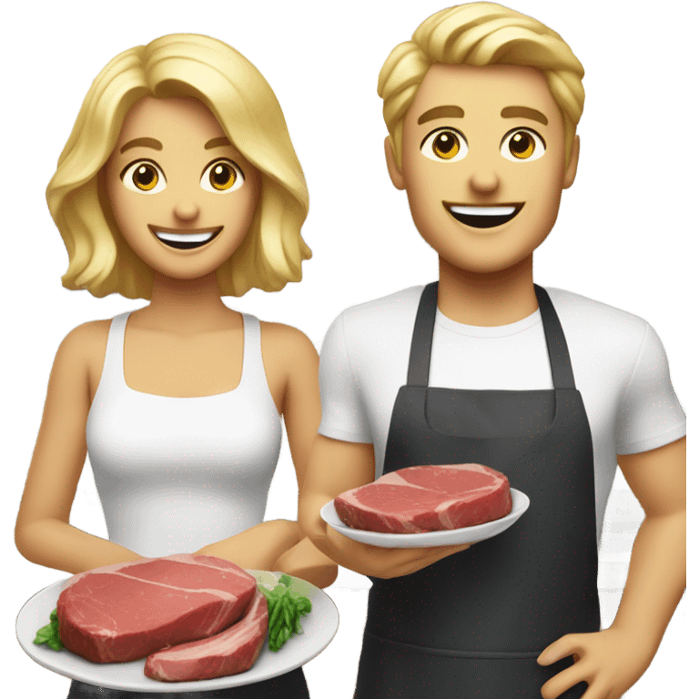 smiling duo with food indoors holding steaks blonde hair emoji