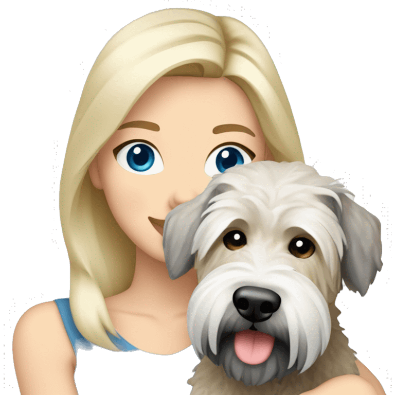 pretty woman blonde hair blue eyes hugging a white and gray soft coated wheaten terrier dog emoji