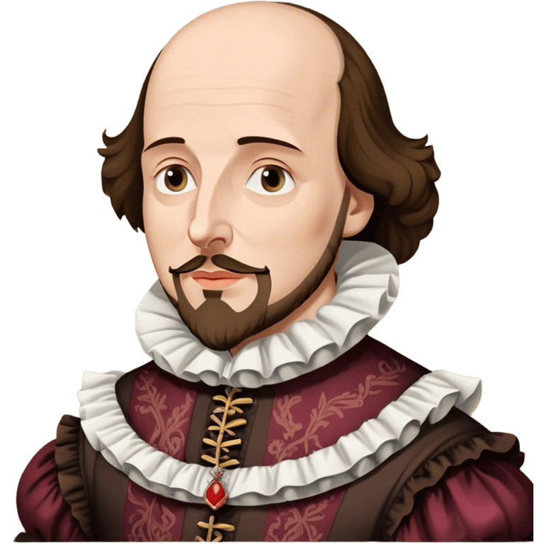 Cinematic Realistic portrait of William Shakespeare, depicted as an iconic playwright in richly detailed Elizabethan attire with a ruffled collar, expressive eyes, and a thoughtful gaze, bathed in dramatic historical lighting that evokes the Bard’s timeless legacy emoji