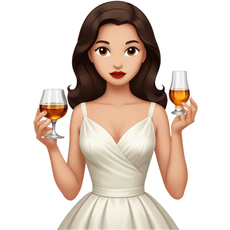 Beautiful woman in 1950’s woman fashion look, white dress, long dark brown hair, whisky with ice emoji