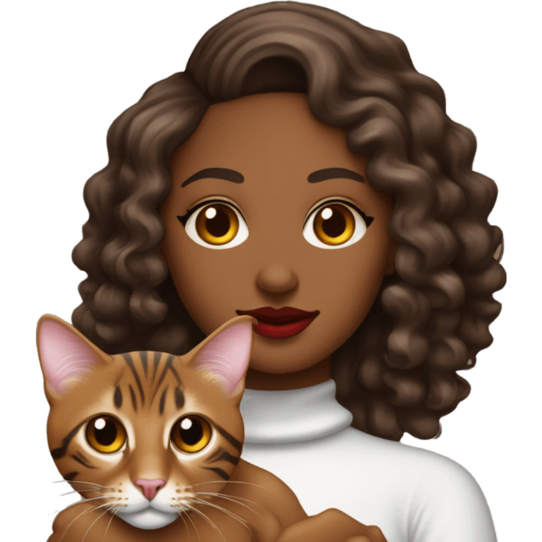 pretty-curly-chocolate-woman-red-lips-with-cat-bengal emoji