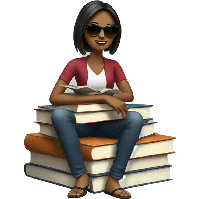 a women sitting on 14 books with sunglasses emoji