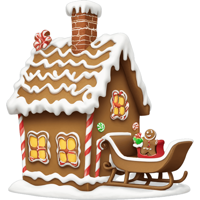 gingerbread house with Santa’s sleigh in the air above emoji