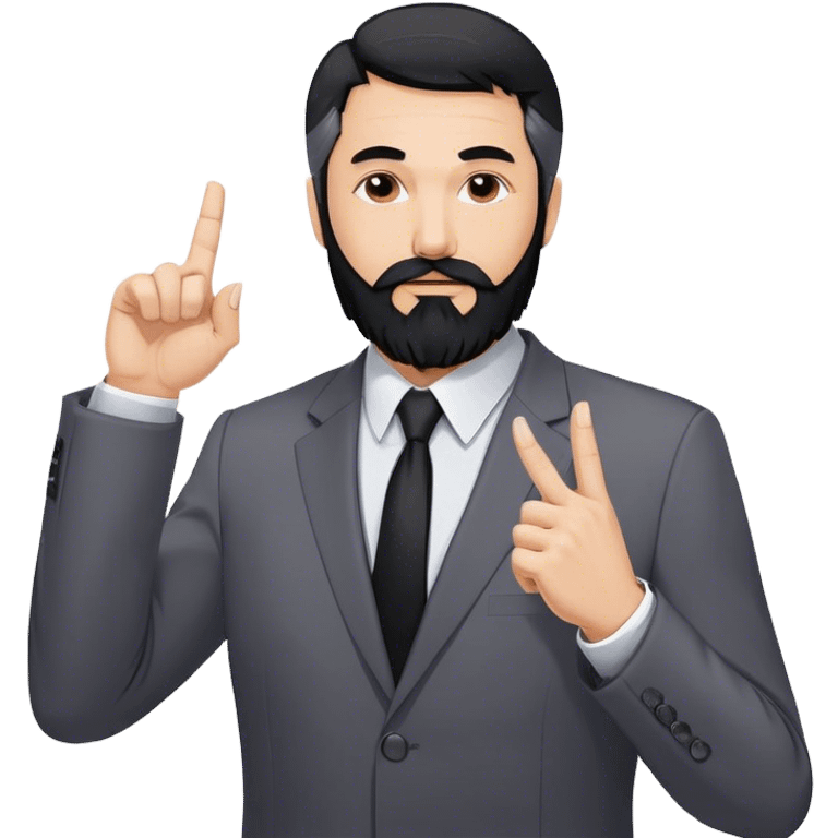 Emoji-style cartoon man, 50s, black beard with gray streaks, wearing a business suit. Raises right index finger upward (↑) to signal 'attention!' Simple design, bold lines, minimal details. Looks Дмитрий Шумейко emoji