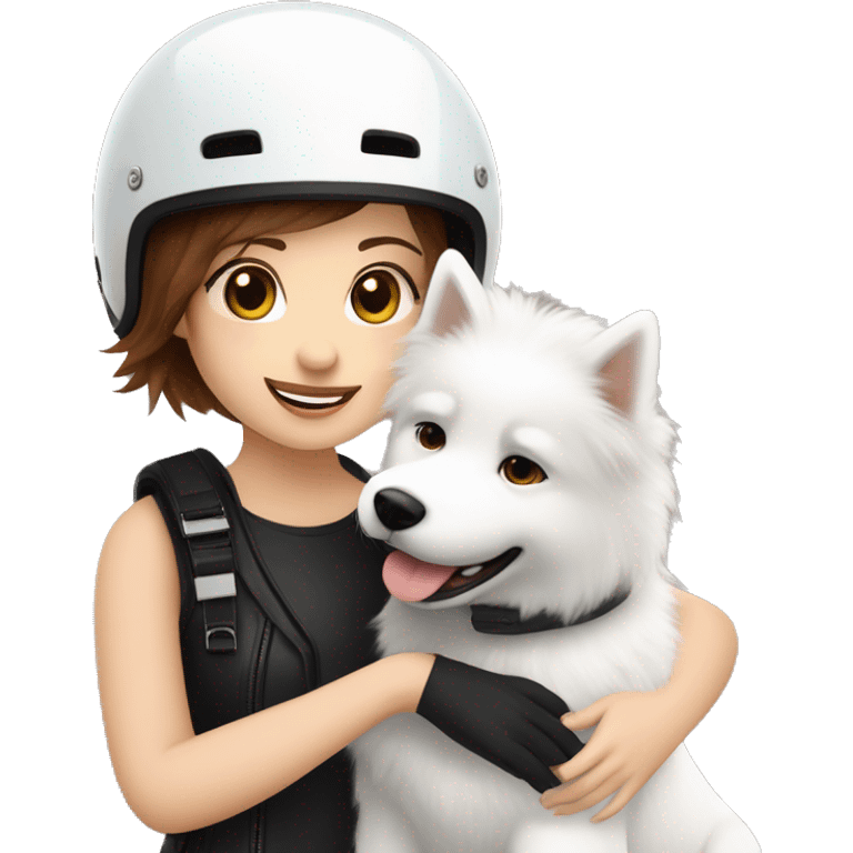 Girl biker white skin and brown short hair with a agv black helmet hugging a white Samoyed emoji