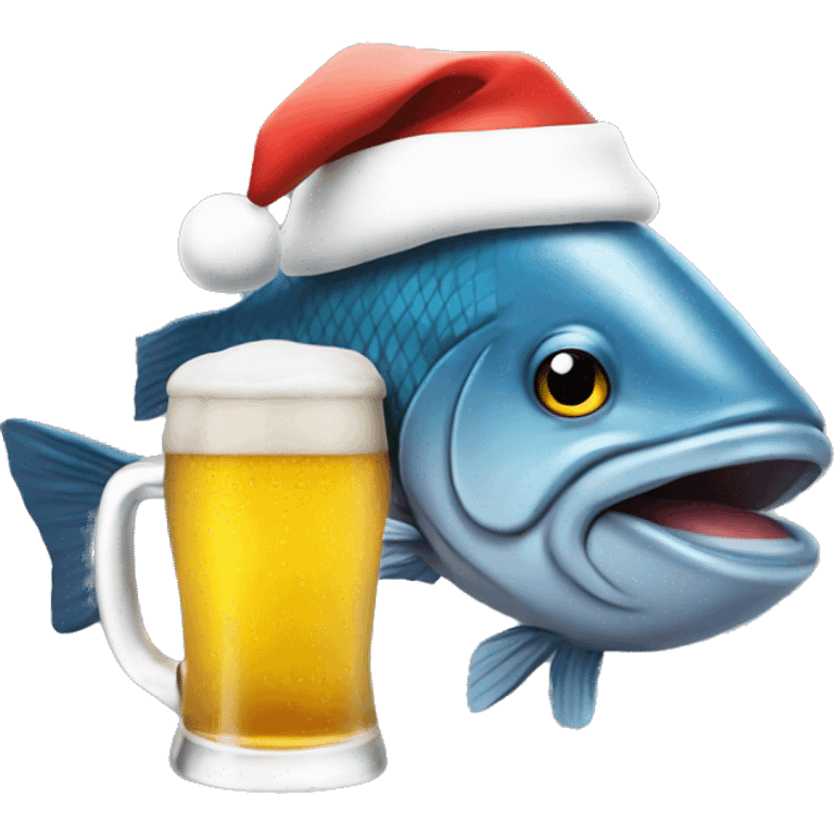 Big fish with a Santa hat drinking a beer emoji