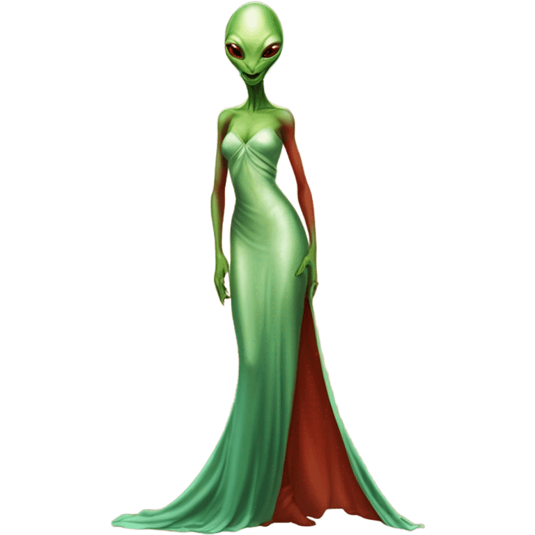 reptilian green alien woman, in long slim pastel orange formal party satin dress with gradient shiny sparkling dark red, full figure, full body emoji