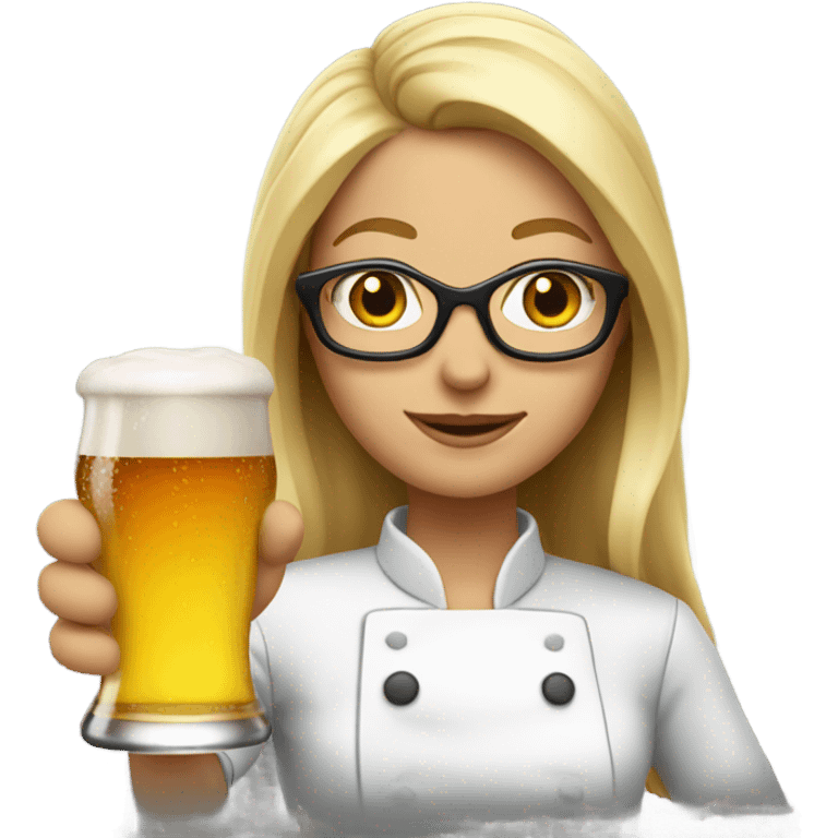 Female chef with long blonde hair and glasses. Holding beer and horses emoji