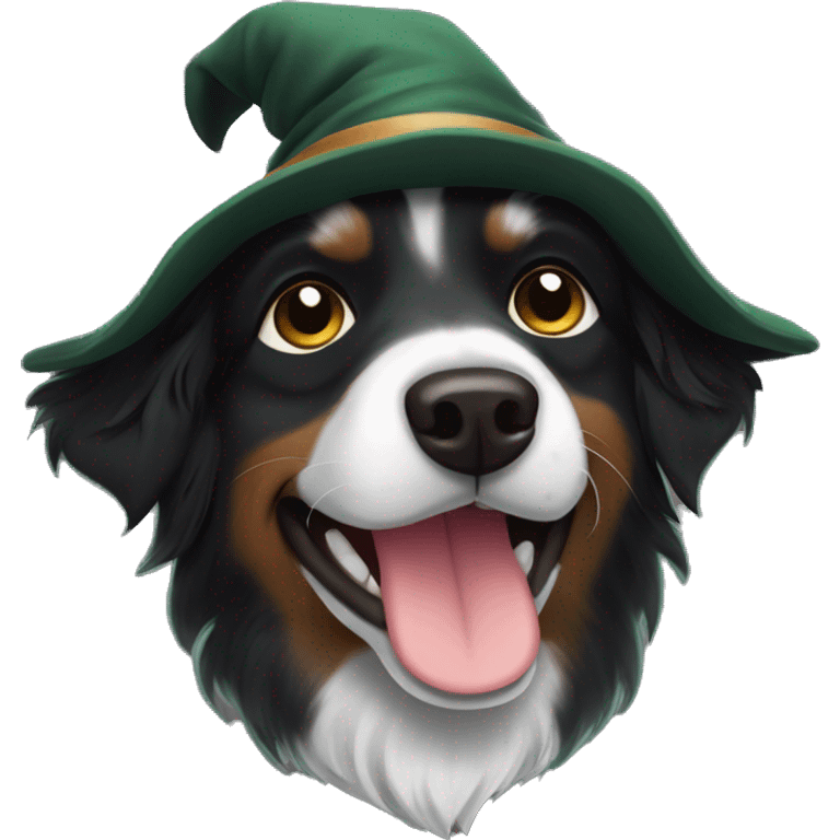 Small black australian shepherd dog dark green witch hat emoji