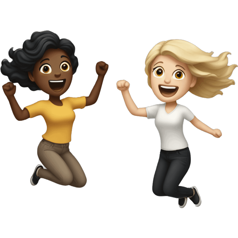 Two white women, one light brown and one black hair, jumping up excitedly emoji