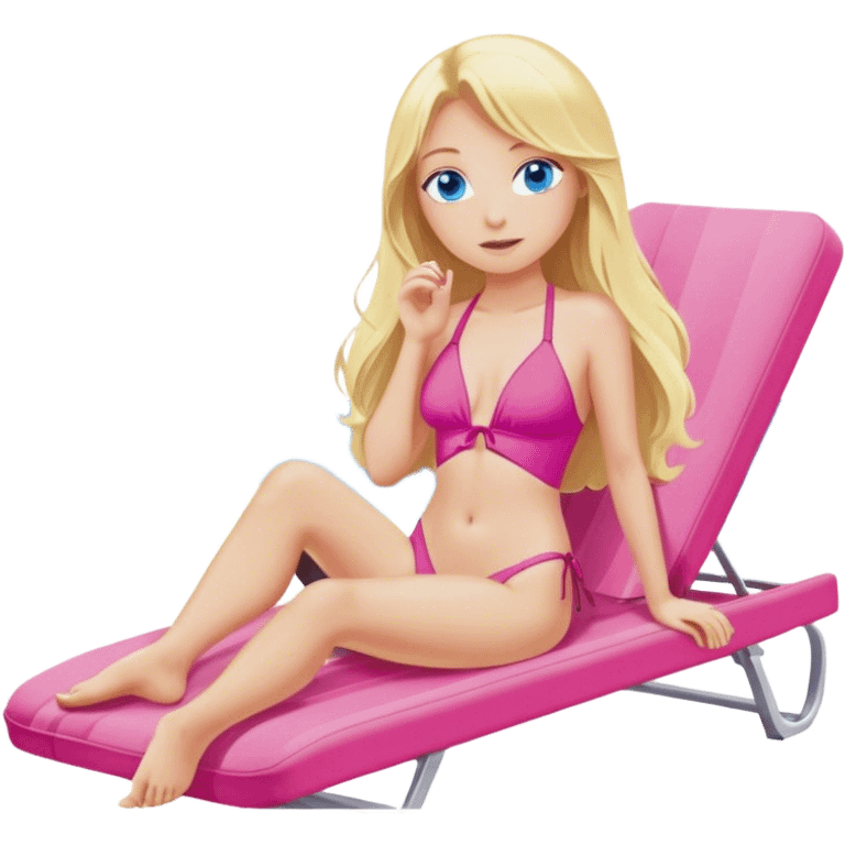 A cinematically realistic blonde with long hair and blue eyes is lying on a chaise longue in a pink swimsuit, sunbathing in the sun emoji